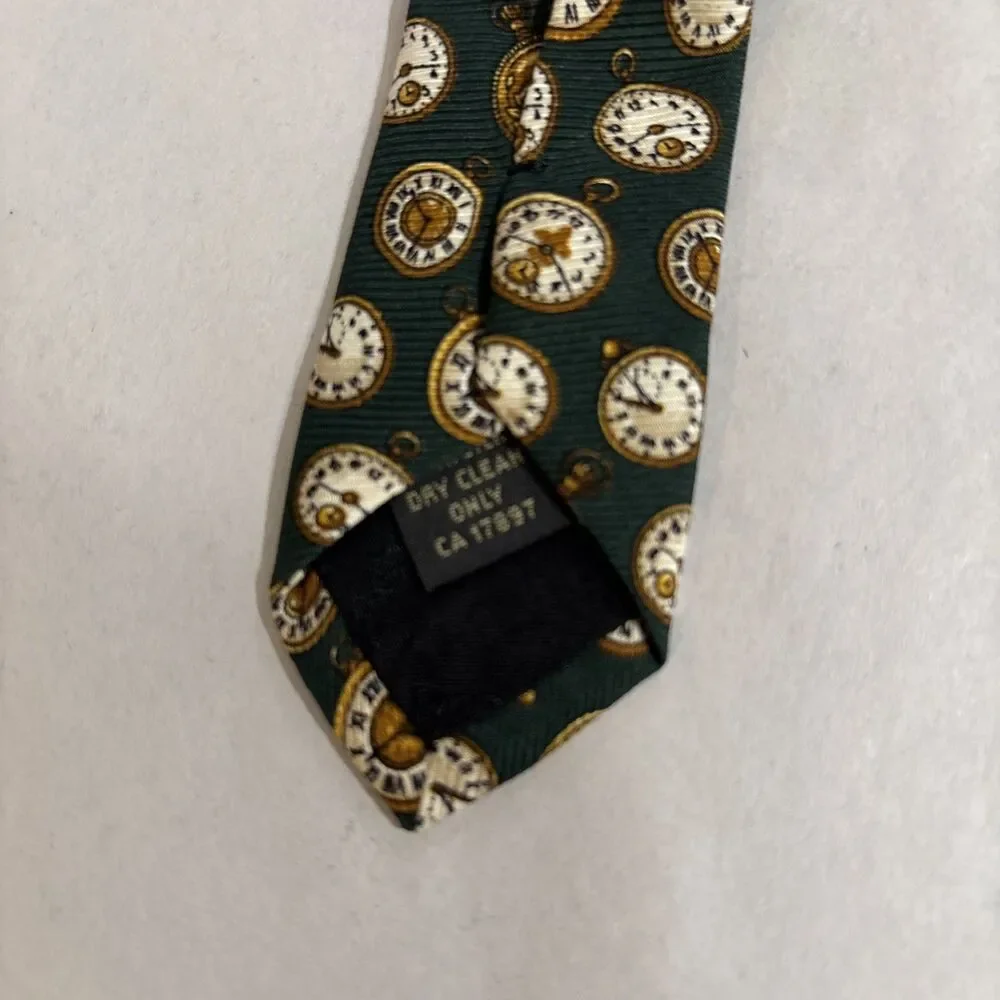 Banana Republic MEN'S TIE  Green With AOP Gold Pocket Watches, Silk, 4” X 58”